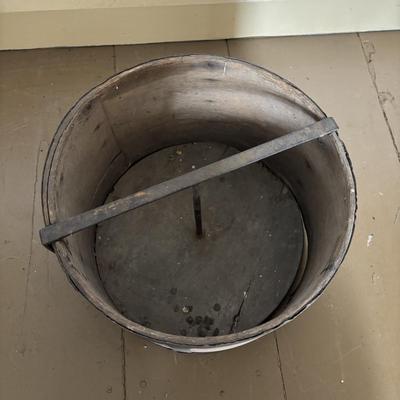 LOT 393: Antique Primitive Collection: Grain Bucket, Stoneware Jug, Metal Banded Bucket & Glass Bottle