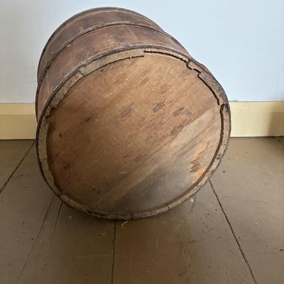 LOT 393: Antique Primitive Collection: Grain Bucket, Stoneware Jug, Metal Banded Bucket & Glass Bottle