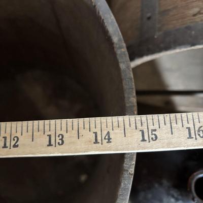 LOT 393: Antique Primitive Collection: Grain Bucket, Stoneware Jug, Metal Banded Bucket & Glass Bottle