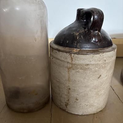 LOT 393: Antique Primitive Collection: Grain Bucket, Stoneware Jug, Metal Banded Bucket & Glass Bottle