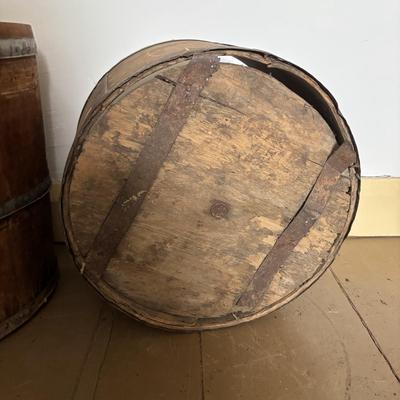 LOT 393: Antique Primitive Collection: Grain Bucket, Stoneware Jug, Metal Banded Bucket & Glass Bottle