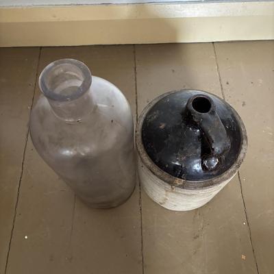 LOT 393: Antique Primitive Collection: Grain Bucket, Stoneware Jug, Metal Banded Bucket & Glass Bottle