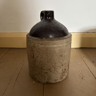 LOT 393: Antique Primitive Collection: Grain Bucket, Stoneware Jug, Metal Banded Bucket & Glass Bottle