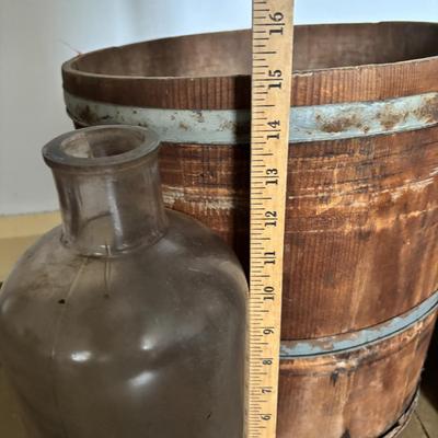 LOT 393: Antique Primitive Collection: Grain Bucket, Stoneware Jug, Metal Banded Bucket & Glass Bottle