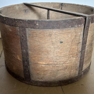 LOT 393: Antique Primitive Collection: Grain Bucket, Stoneware Jug, Metal Banded Bucket & Glass Bottle