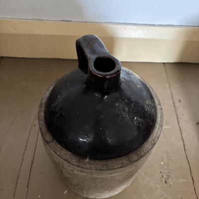 LOT 393: Antique Primitive Collection: Grain Bucket, Stoneware Jug, Metal Banded Bucket & Glass Bottle