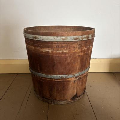 LOT 393: Antique Primitive Collection: Grain Bucket, Stoneware Jug, Metal Banded Bucket & Glass Bottle