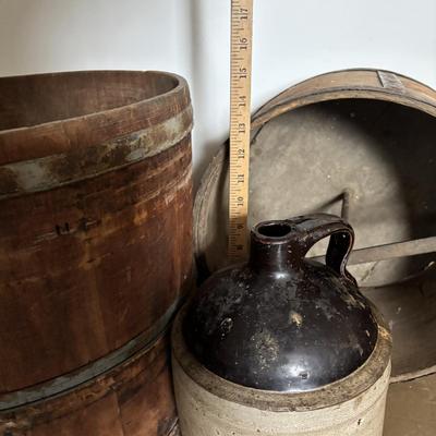 LOT 393: Antique Primitive Collection: Grain Bucket, Stoneware Jug, Metal Banded Bucket & Glass Bottle