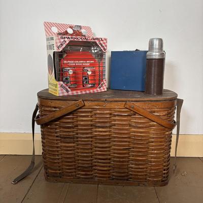 LOT 396: Vintage Hawkeye Basket Refrigerator, Spark Coal, Grill & Blue Metal Lunch Box w/Thermos