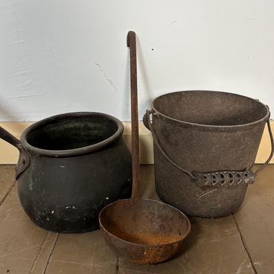 LOT 400: Vintage Primitives: Stoneware Jug, Ladle, Feed Scoops, Long Handles Saucepan & More