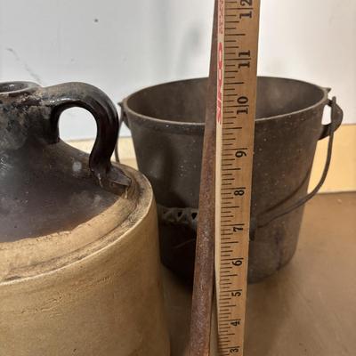 LOT 400: Vintage Primitives: Stoneware Jug, Ladle, Feed Scoops, Long Handles Saucepan & More