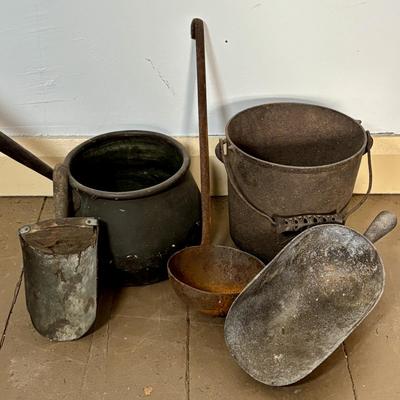 LOT 400: Vintage Primitives: Stoneware Jug, Ladle, Feed Scoops, Long Handles Saucepan & More
