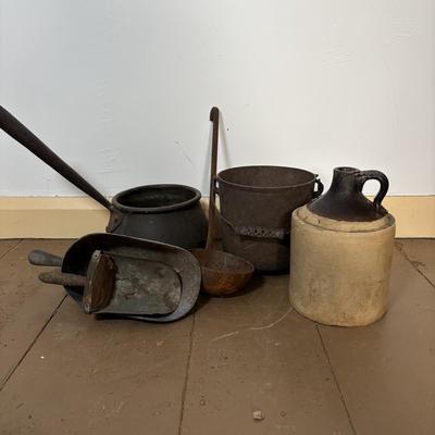 LOT 400: Vintage Primitives: Stoneware Jug, Ladle, Feed Scoops, Long Handles Saucepan & More