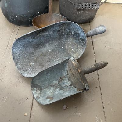 LOT 400: Vintage Primitives: Stoneware Jug, Ladle, Feed Scoops, Long Handles Saucepan & More