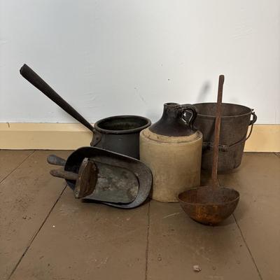 LOT 400: Vintage Primitives: Stoneware Jug, Ladle, Feed Scoops, Long Handles Saucepan & More