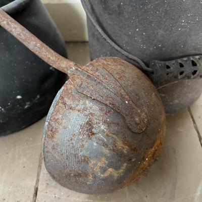 LOT 400: Vintage Primitives: Stoneware Jug, Ladle, Feed Scoops, Long Handles Saucepan & More