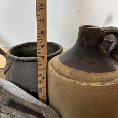 LOT 400: Vintage Primitives: Stoneware Jug, Ladle, Feed Scoops, Long Handles Saucepan & More