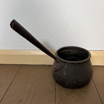 LOT 400: Vintage Primitives: Stoneware Jug, Ladle, Feed Scoops, Long Handles Saucepan & More