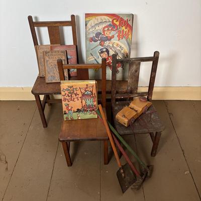 LOT 401: Vintage Children's Collection: Garden Tools, Books, Wooden Pull Toy & Woodend Chairs