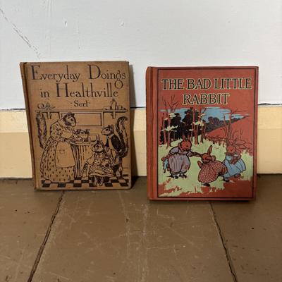 LOT 401: Vintage Children's Collection: Garden Tools, Books, Wooden Pull Toy & Woodend Chairs