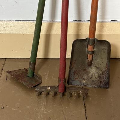 LOT 401: Vintage Children's Collection: Garden Tools, Books, Wooden Pull Toy & Woodend Chairs