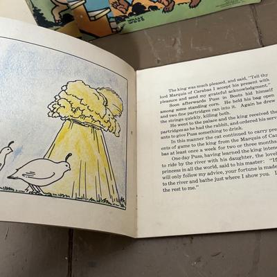 LOT 401: Vintage Children's Collection: Garden Tools, Books, Wooden Pull Toy & Woodend Chairs