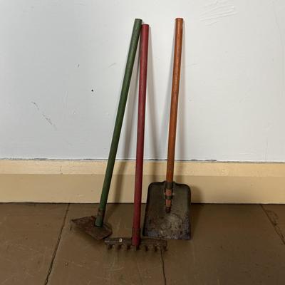 LOT 401: Vintage Children's Collection: Garden Tools, Books, Wooden Pull Toy & Woodend Chairs