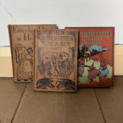 LOT 401: Vintage Children's Collection: Garden Tools, Books, Wooden Pull Toy & Woodend Chairs