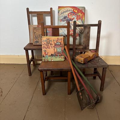 LOT 401: Vintage Children's Collection: Garden Tools, Books, Wooden Pull Toy & Woodend Chairs