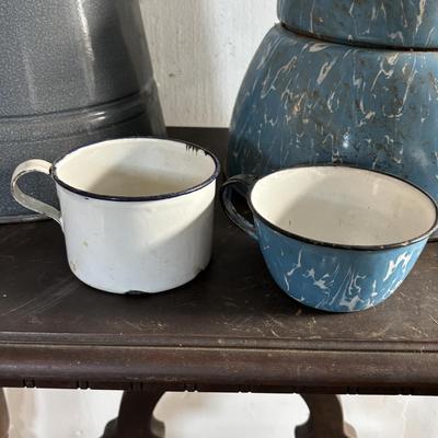 LOT 403: Vintage Enamel Cookware: Double Broiler, Coffee Pot (incomplete), Cups, Ladle & More