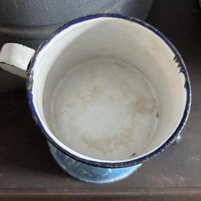 LOT 403: Vintage Enamel Cookware: Double Broiler, Coffee Pot (incomplete), Cups, Ladle & More