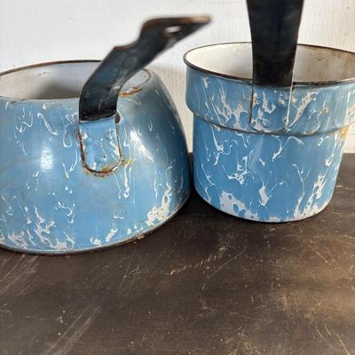 LOT 403: Vintage Enamel Cookware: Double Broiler, Coffee Pot (incomplete), Cups, Ladle & More