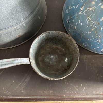 LOT 403: Vintage Enamel Cookware: Double Broiler, Coffee Pot (incomplete), Cups, Ladle & More