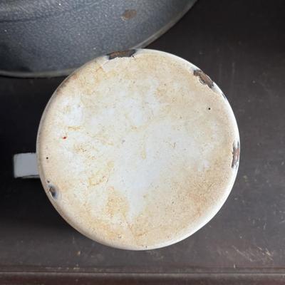 LOT 403: Vintage Enamel Cookware: Double Broiler, Coffee Pot (incomplete), Cups, Ladle & More