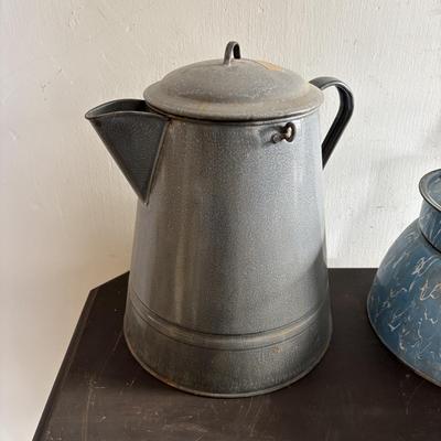 LOT 403: Vintage Enamel Cookware: Double Broiler, Coffee Pot (incomplete), Cups, Ladle & More