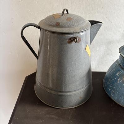 LOT 403: Vintage Enamel Cookware: Double Broiler, Coffee Pot (incomplete), Cups, Ladle & More