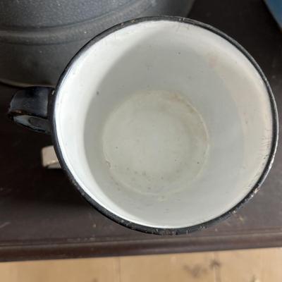 LOT 403: Vintage Enamel Cookware: Double Broiler, Coffee Pot (incomplete), Cups, Ladle & More