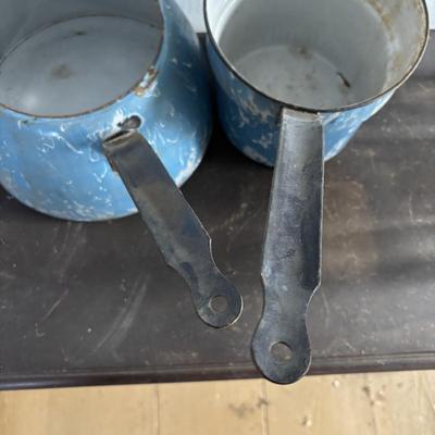 LOT 403: Vintage Enamel Cookware: Double Broiler, Coffee Pot (incomplete), Cups, Ladle & More