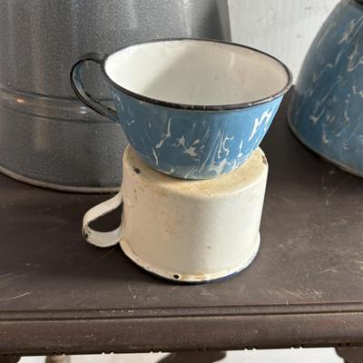 LOT 403: Vintage Enamel Cookware: Double Broiler, Coffee Pot (incomplete), Cups, Ladle & More