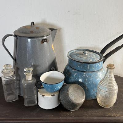 LOT 403: Vintage Enamel Cookware: Double Broiler, Coffee Pot (incomplete), Cups, Ladle & More