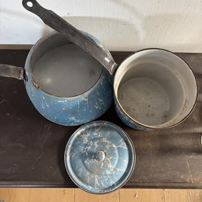 LOT 403: Vintage Enamel Cookware: Double Broiler, Coffee Pot (incomplete), Cups, Ladle & More