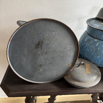 LOT 403: Vintage Enamel Cookware: Double Broiler, Coffee Pot (incomplete), Cups, Ladle & More