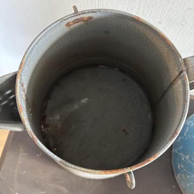 LOT 403: Vintage Enamel Cookware: Double Broiler, Coffee Pot (incomplete), Cups, Ladle & More