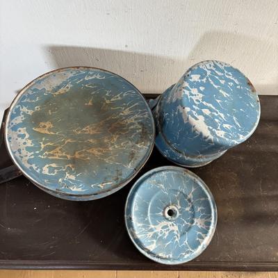 LOT 403: Vintage Enamel Cookware: Double Broiler, Coffee Pot (incomplete), Cups, Ladle & More