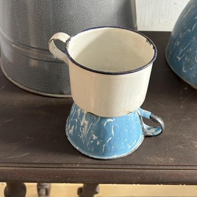 LOT 403: Vintage Enamel Cookware: Double Broiler, Coffee Pot (incomplete), Cups, Ladle & More