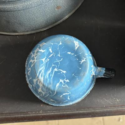 LOT 403: Vintage Enamel Cookware: Double Broiler, Coffee Pot (incomplete), Cups, Ladle & More