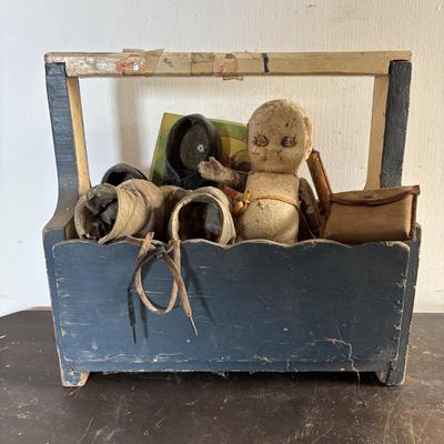 LOT 404 Well Loved Antique Toy Collection: Rudolph Steiner Co. The 15 Puzzle Bakelite Game w/Storage, Composition Doll, Nosey Hound...