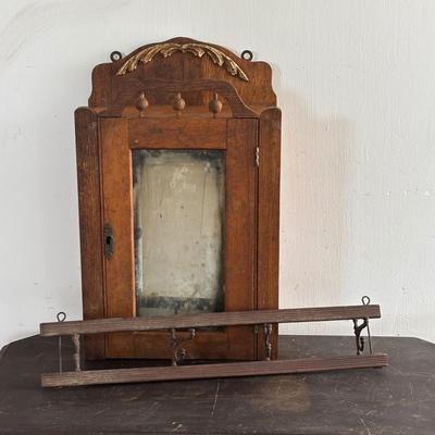 LOT 407: Vintage Victorian Wall Cabinet & Hat/Coat Rack w/4Swivel Cast Hooks, Wall Hung