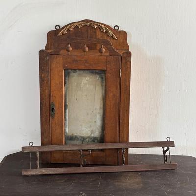 LOT 407: Vintage Victorian Wall Cabinet & Hat/Coat Rack w/4Swivel Cast Hooks, Wall Hung