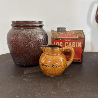 LOT 408: Boscul Coffee Tin, Log Cabin Syrup Tin,"Pure Fresh" Milk Caps, Imperial Tin Milk Caps, Puritan Baked Beans Jar, Hull,...